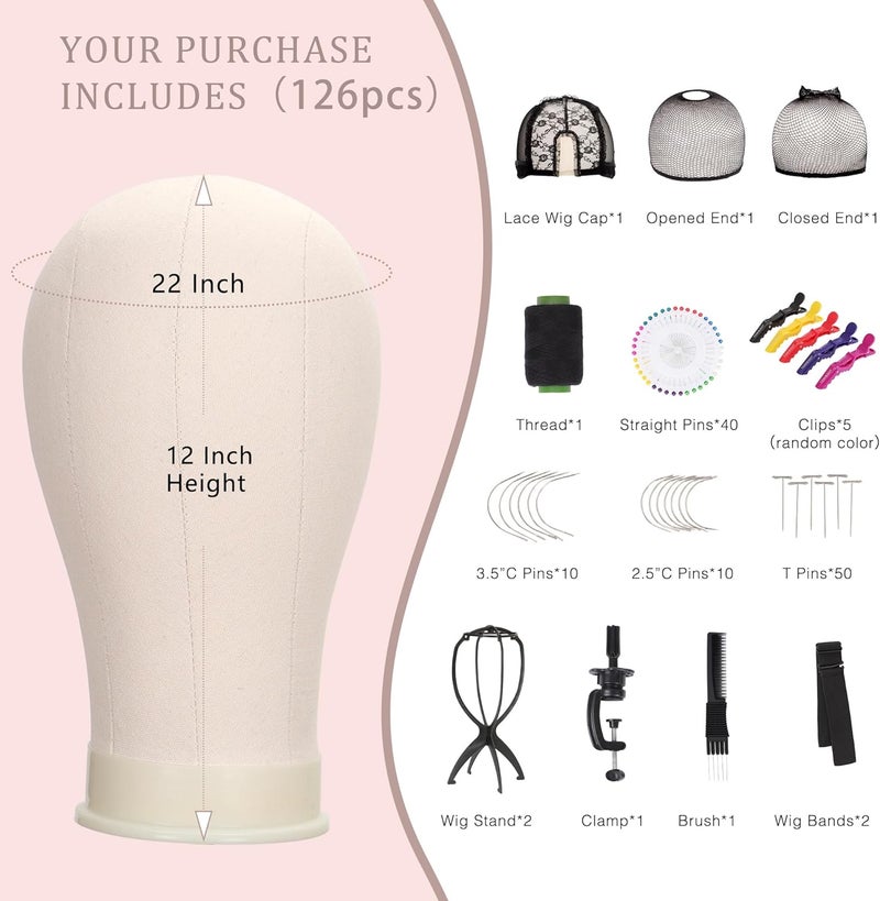Demides 22" Canvas Block Mannequin Head for Wig Making, Hair Weaving, Styling and Display – Realistic Canvas Wig Head with Mount Hole, Fits Tripod Stand, Includes Essential Accessories for Training & Salon Use - Image 2